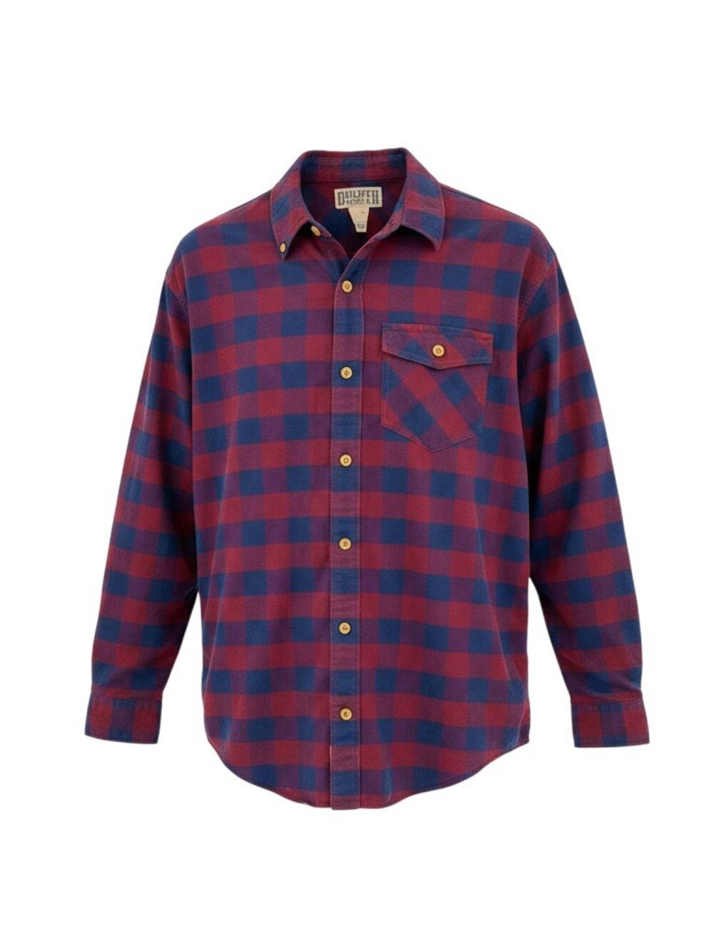 Duluth Trading Co Men M Plaid Flannel Button Down Shirt Maroon Blue Long Sleeve